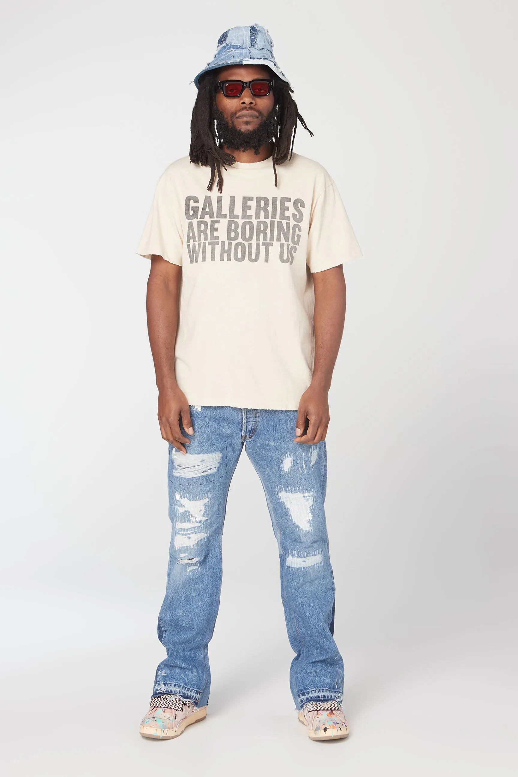 p270 647#Gallery Dept New Washed Blue Destroyed Hole Embroidery Patch Hand-painted Splashed Ink Splicing Micro-Large Jeans Heavy Industry Ox King American High Street Casual Pants Washed Blue S~XL